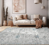 8 x 10  Ivory Gray Aqua Color Machine Made Washable Polyester Traditional Oriental Rug